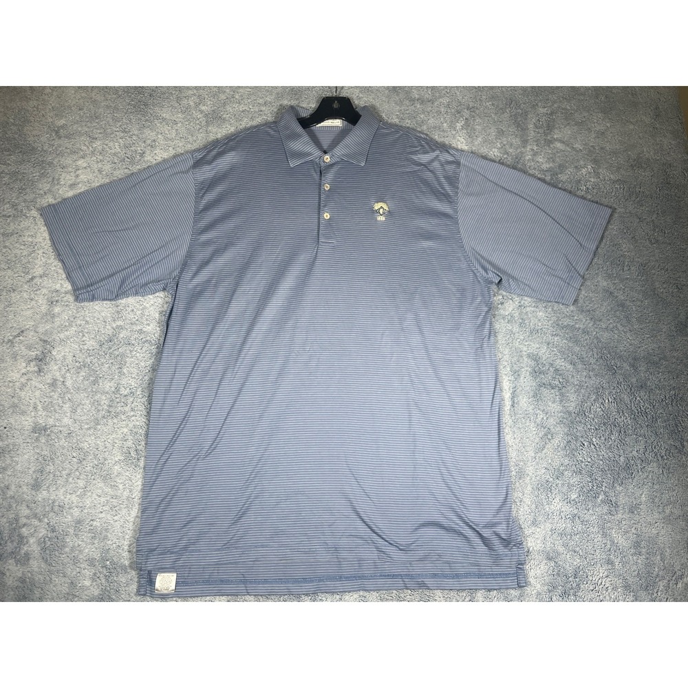 Peter Millar Mens XL Blue Striped 100% Cotton Polo Shirt Short Sleeve 1889 Crest